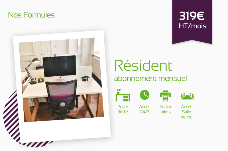 Notre formule Résident, un abonnement mensuel à 319€ HT/mois pour un bureau individuel dans un espace de coworking à Lyon - Terreaux